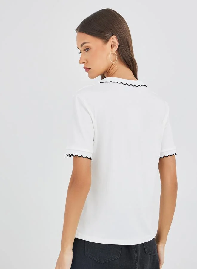 Styli Styli Rib Knit Short Sleeve Polo Neck Top