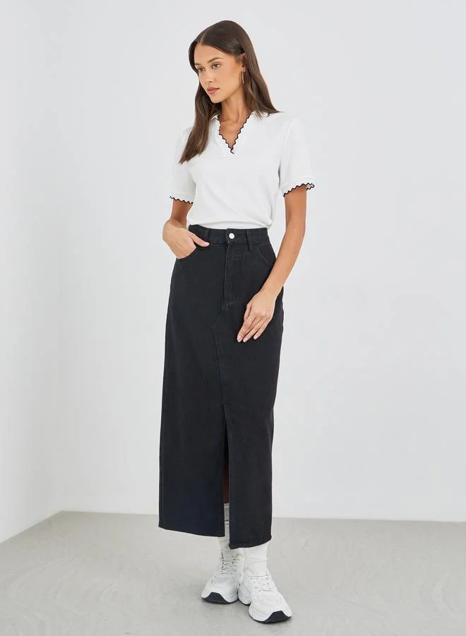 Styli Styli Rib Knit Short Sleeve Polo Neck Top