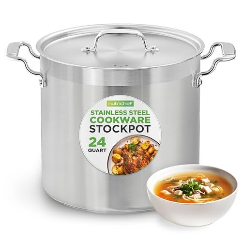 NutriChef وعاء طهي من الفولاذ المقاوم للصدأ من نوتري شيف سعة 24 كوارت وعاء حساء ثقيل التحمل مع غطاء متوافق مع مواقد الحث والسيراميك والزجاج والهالوجين NCSPT24Q