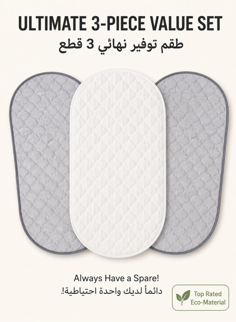 SQ Kids 3-Pack Waterproof Bamboo Diaper Changing Pad Liners - Reusable & Washable Oval Changing Mat for Diaper Bags & Changing Tables - 68x35.5cm (2 Grey, 1 White) - Image 1
