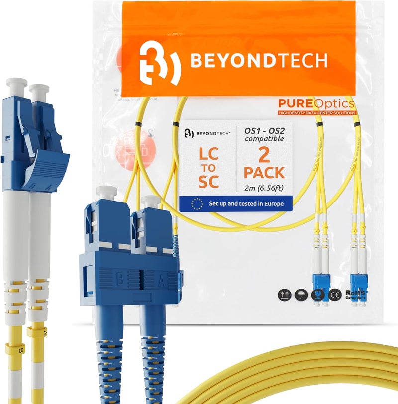 BEYONDTECH 2m (6.56ft) LC to SC Fiber Patch Cable – (2 Pack) UPC Single-Mode Duplex Fiber Optic Cable – 9/125µm core, Compatible with OS1 & OS2 – LSZH PUREOptics Series - Image 1