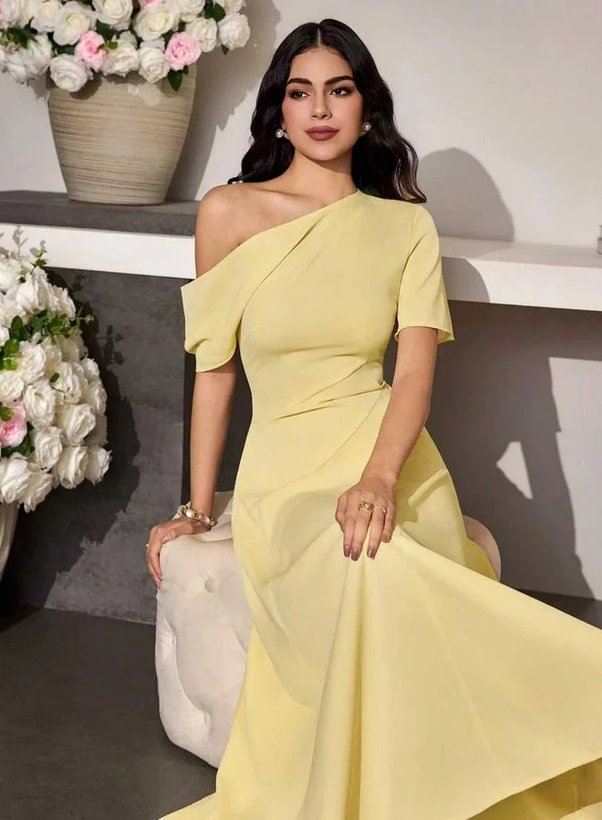 Take Two Yellow Solid Asymmetric Neck A-Line Maxi Dress