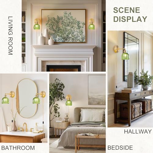 LINSEEDS Plug in Wall Sconces Set of 2, Vintage Wall Sconce Light with Tulip Green Glass Lampshade, Bedroom Wall Sconce with Switch and Plug in wall lamp Cord, Gold Wall Light Wall Decor Set of 2 - Image 2