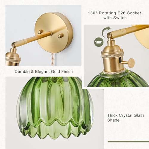 LINSEEDS Plug in Wall Sconces Set of 2, Vintage Wall Sconce Light with Tulip Green Glass Lampshade, Bedroom Wall Sconce with Switch and Plug in wall lamp Cord, Gold Wall Light Wall Decor Set of 2 - Image 3
