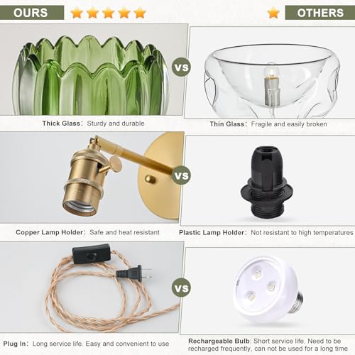 LINSEEDS Plug in Wall Sconces Set of 2, Vintage Wall Sconce Light with Tulip Green Glass Lampshade, Bedroom Wall Sconce with Switch and Plug in wall lamp Cord, Gold Wall Light Wall Decor Set of 2 - Image 4