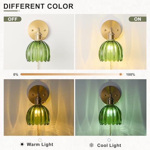 LINSEEDS Plug in Wall Sconces Set of 2, Vintage Wall Sconce Light with Tulip Green Glass Lampshade, Bedroom Wall Sconce with Switch and Plug in wall lamp Cord, Gold Wall Light Wall Decor Set of 2 - Image 5