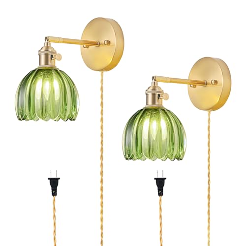 LINSEEDS Plug in Wall Sconces Set of 2, Vintage Wall Sconce Light with Tulip Green Glass Lampshade, Bedroom Wall Sconce with Switch and Plug in wall lamp Cord, Gold Wall Light Wall Decor Set of 2 - Image 1