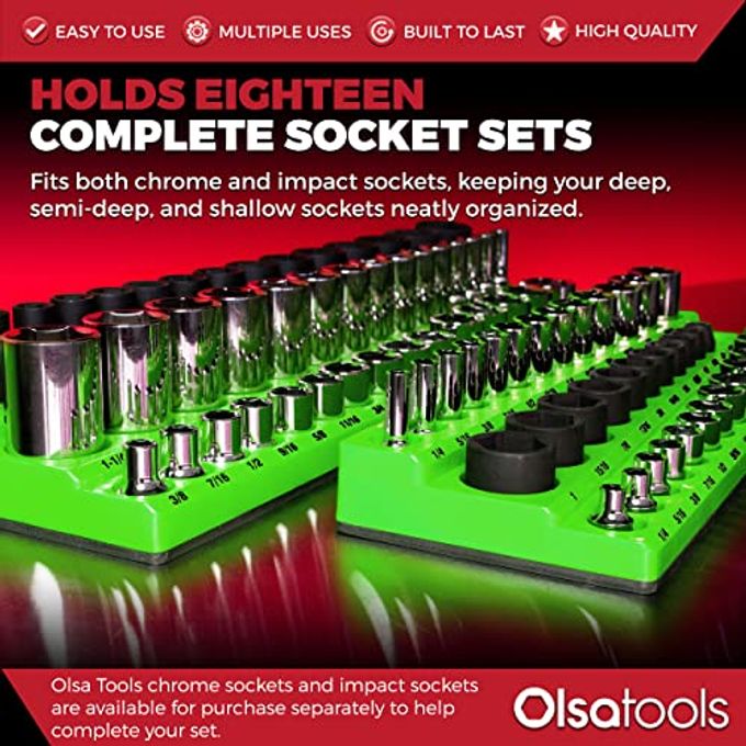 Olsa Tools Magnetic Socket Organizer 1/4", 3/8" & 1/2-Inch Drive Metric & Sae Socket Holder 6Pc Set Professional Tool Holder & Organizer Stores 273 Sockets Green Part: 1668 - Image 3