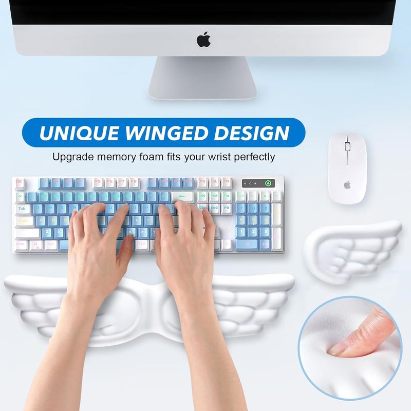 NALACAL مسند معصم لوحة المفاتيح Angel Wing، وسادة معصم ماوس من إسفنج الذاكرة 3 في 1، مسند معصم لوحة ماوس للكمبيوتر واللاب توب، مسند معصم ناعم للوحة المفاتيح، كتابة سهلة وتخفيف الألم، لون أبيض - Image 3