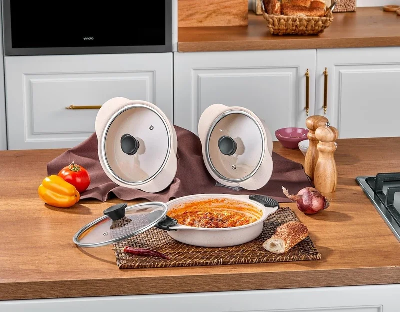 تي اي Granit Plus 3-Piece Pan Set Removable Silicone Handle Cream