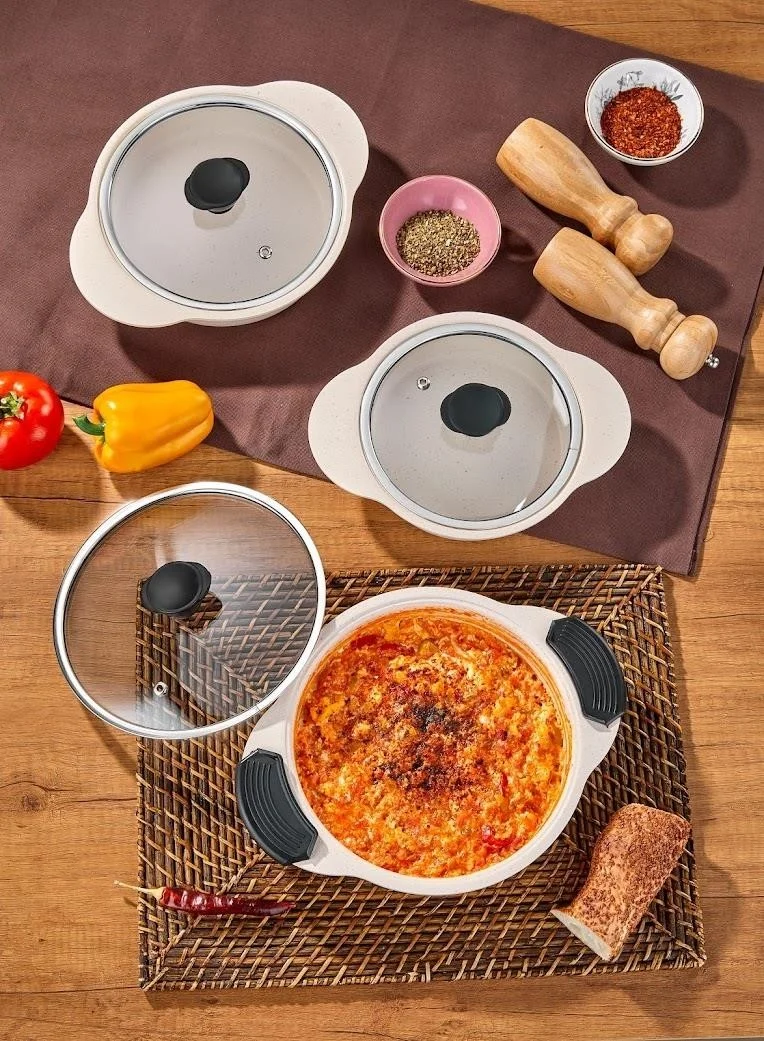 تي اي Granit Plus 3-Piece Pan Set Removable Silicone Handle Cream