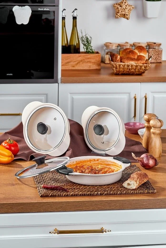 تي اي Granit Plus 3-Piece Pan Set Removable Silicone Handle Cream