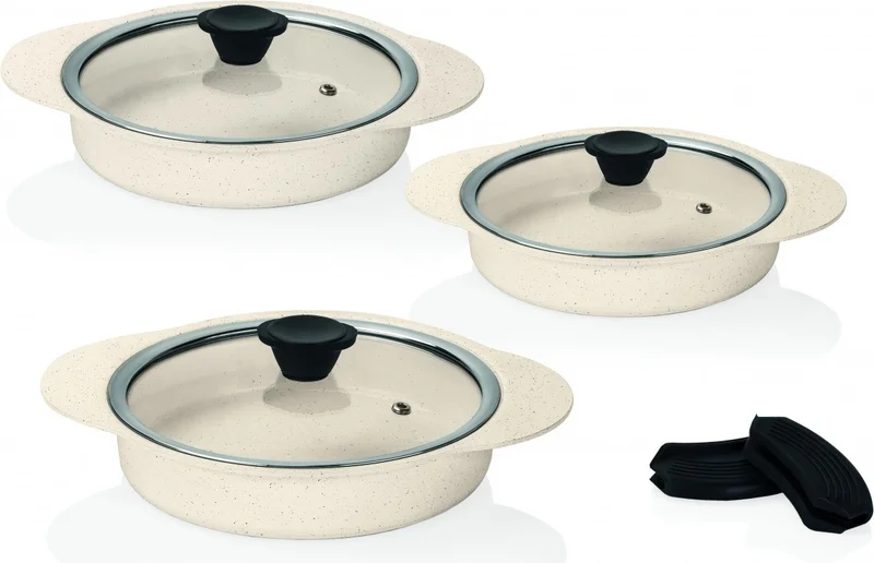 تي اي Granit Plus 3-Piece Pan Set Removable Silicone Handle Cream