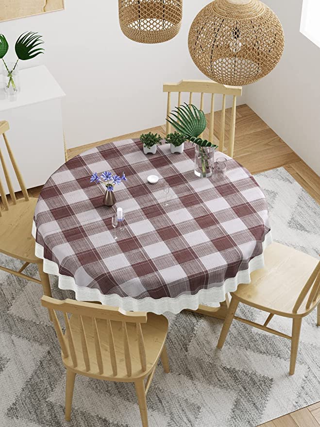 CASANEST Printed PVC PVC Maroon Checked 6 Seater 72inch Round Table Cover printed007 - Image 1