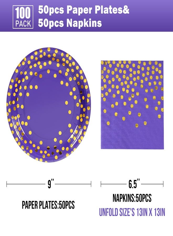 CENLBJ Purple and Gold Paper Plates- 100 Pack- 50 x 9" Dinner Plates & 50 x 6.5" Napkins, Purple Paper Plate and Napkins Party Supplies for Birthdays and All Occasions - Image 2