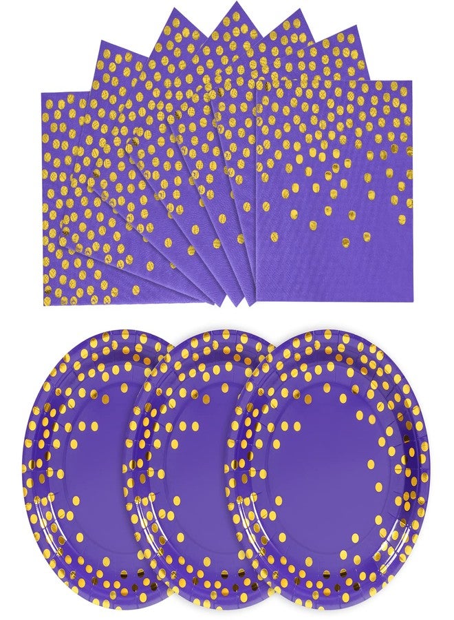 CENLBJ Purple and Gold Paper Plates- 100 Pack- 50 x 9" Dinner Plates & 50 x 6.5" Napkins, Purple Paper Plate and Napkins Party Supplies for Birthdays and All Occasions - Image 1