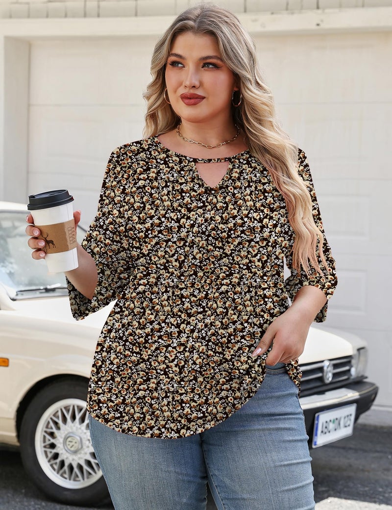 Rapbin Ladies Tops and Blouses Dressy Casual Shirts Plus Size Spring Clothes Elbow Sleeve Round Neck Tunic Black Floral 3XL - Image 2
