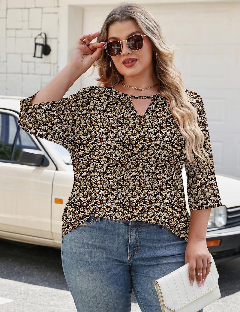 Rapbin Ladies Tops and Blouses Dressy Casual Shirts Plus Size Spring Clothes Elbow Sleeve Round Neck Tunic Black Floral 3XL - Image 4