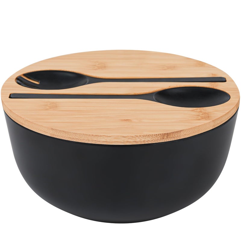 GEHE GEHE Bamboo Fiber Salad Bowl with Servers Set  Large 98 inches mixing bowls Solid Bamboo Salad Wooden Bowl with Bamboo Lid Spoon for FruitsSalads and Decoration Black 98INCH 