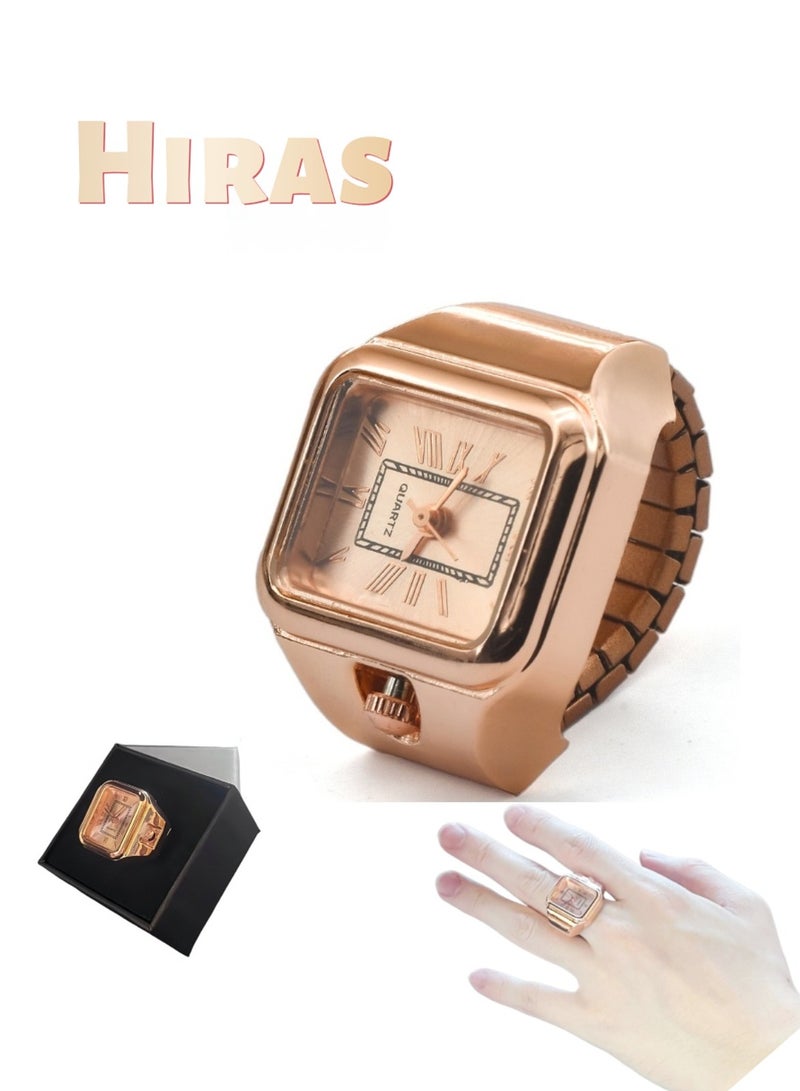 Hiras Unisex Rose Gold Square Watch Ring Finger Watch- Stainless Steel Band with Quartz Movement, Minimalist Fashion Accessory Pocket Watch for Men & Women - Image 1