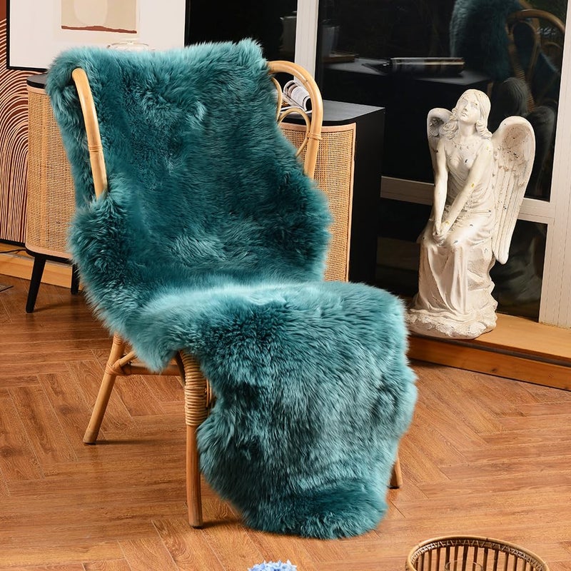 LLB Genuine Sheepskin Area Rug Wool Rug Fur Carpet Fluffy Shaggy Fur Rug for Living Room Kids Bedroom Real Sheepskin Throw Lambskin Rugs Sofa Mat Chair Seat Covers (Peacock Blue, 2 x 6 ft Sheepskin) - Image 1