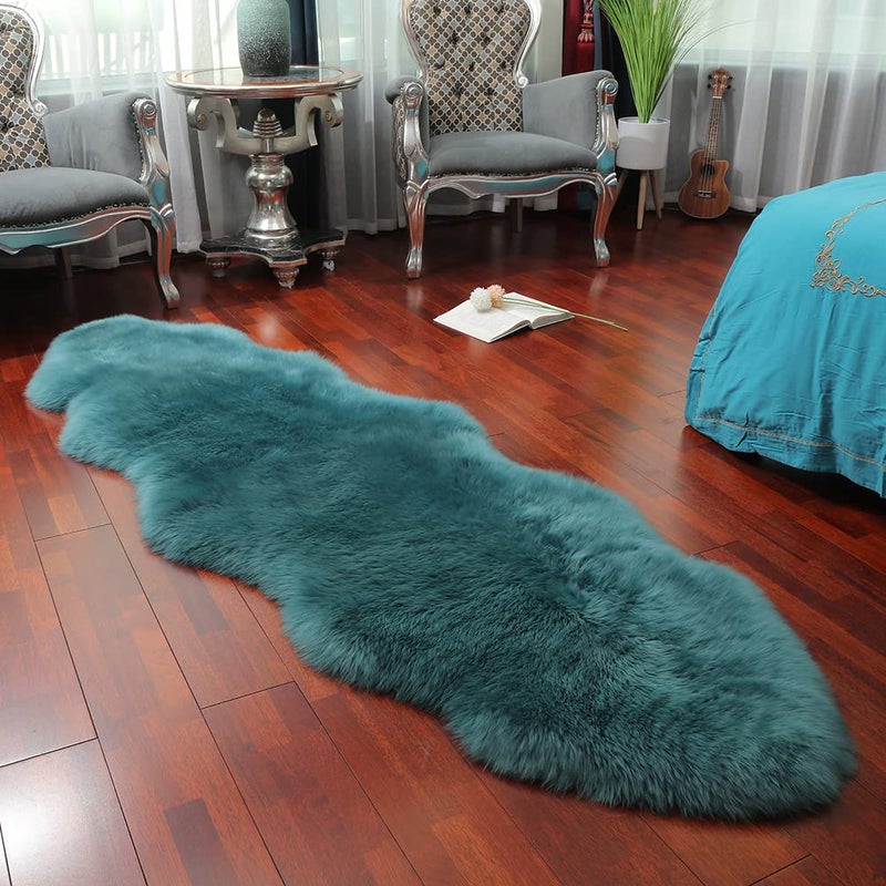 LLB Genuine Sheepskin Area Rug Wool Rug Fur Carpet Fluffy Shaggy Fur Rug for Living Room Kids Bedroom Real Sheepskin Throw Lambskin Rugs Sofa Mat Chair Seat Covers (Peacock Blue, 2 x 6 ft Sheepskin) - Image 2