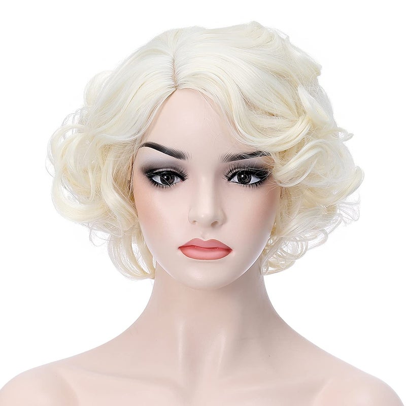 BERON 12 Women Girls Short Curly Wavy Bob Blonde Wig Natural Wavy Rose Net with Wig Cap Light Blonde