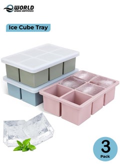 Eworld Pack of 3 Stackable Ice Cube Tray Set, Flexible 6 Cavity Large Ice Cube Molds with Leak-Proof Lids, BPA Free Silicone, Slow Melting 1.9-Inch Cubes for Drinks and Juice  - Image 1
