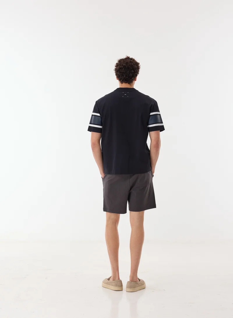 Ashita Fernandes Nadir Men’s Black Relaxed Fit T-Shirt – 100% Cotton Round Neck Tee with Sleeve Stripes | Lightweight Waist Length Slip-On Casual T-Shirt