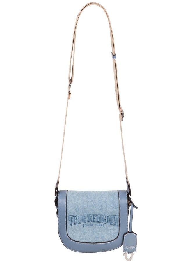 True Religion Saddle Bag, Women's Dark Denim Logo Shoulder Purse Handbag, Denim - Image 1