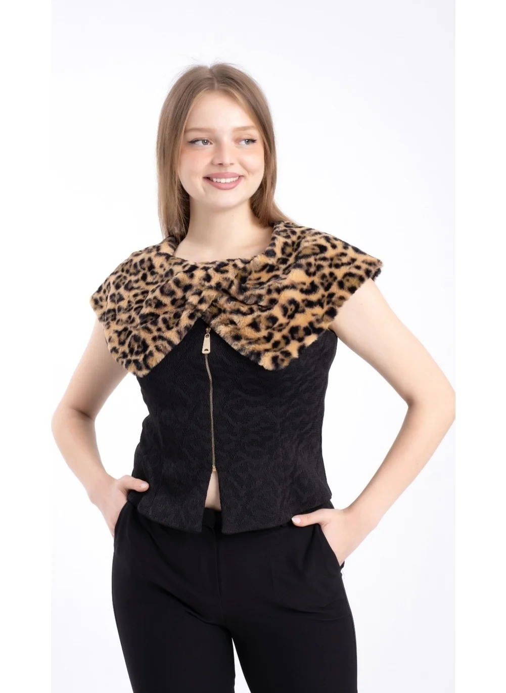 Modatalika Women's Zippered Wide Collar Leopard Patterned Vest