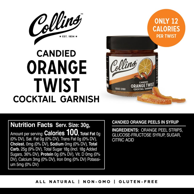 Collins Candied Fruit Orange Peel Twist in Syrup - Popular Cocktail Garnish for Skinny Margarita, Martini, Mojito, Old Fashioned Drinks, Peel for Baking, 10.9oz. - Image 3