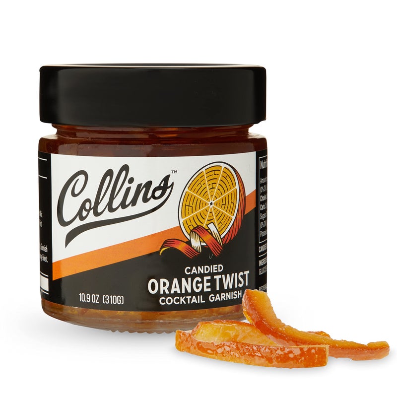 Collins Candied Fruit Orange Peel Twist in Syrup - Popular Cocktail Garnish for Skinny Margarita, Martini, Mojito, Old Fashioned Drinks, Peel for Baking, 10.9oz. - Image 1
