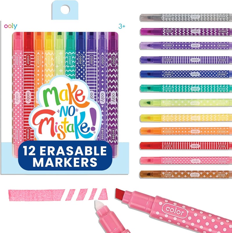 Ooly Make No Mistake Erasable Markers, 12 Stress and Mess Free Marker Pack You Can Erase, Drawing & Coloring Pens for Kids and Adults, Colorful Supplies for Any Arts & Crafts - Image 1