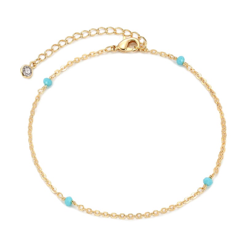 MEVECCO Anklet for Women Gold Turquoise Bead Wire Wrapped Station Chain 14K Gold Plated Dainty Boho Beach Summer Simple Foot Jewelry Ankle Bracelet - Image 1