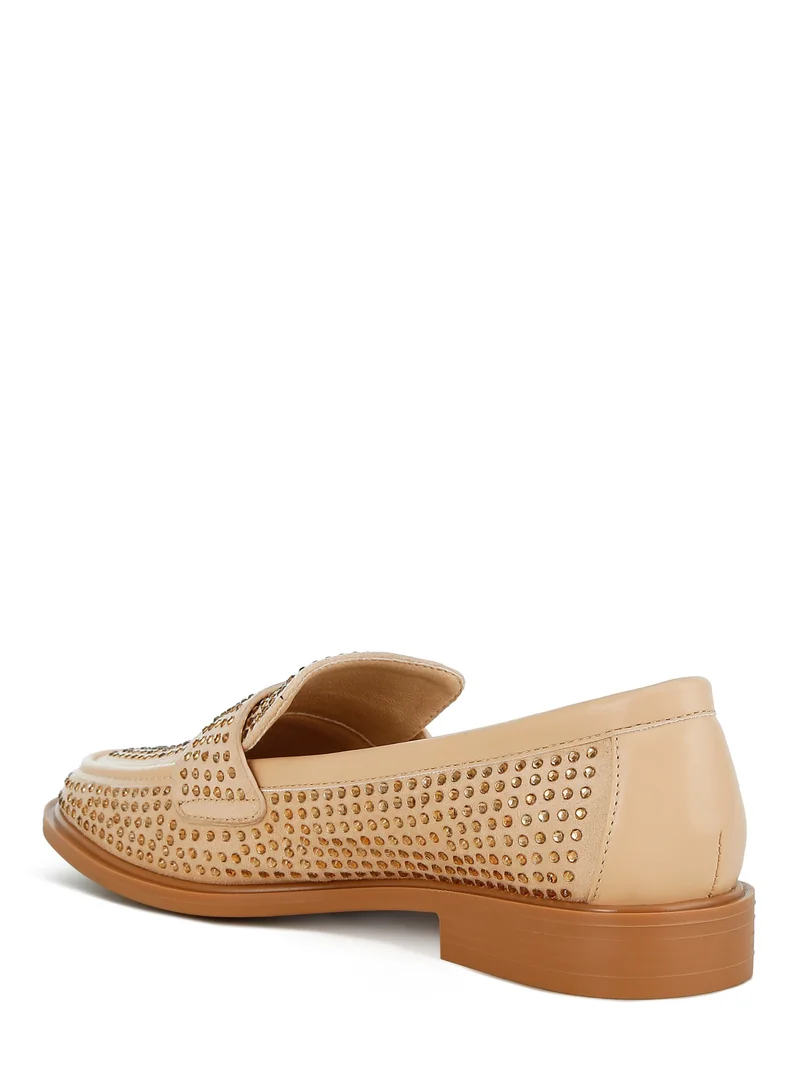 London Rag Rhinestones Embellished Loafers in Beige
