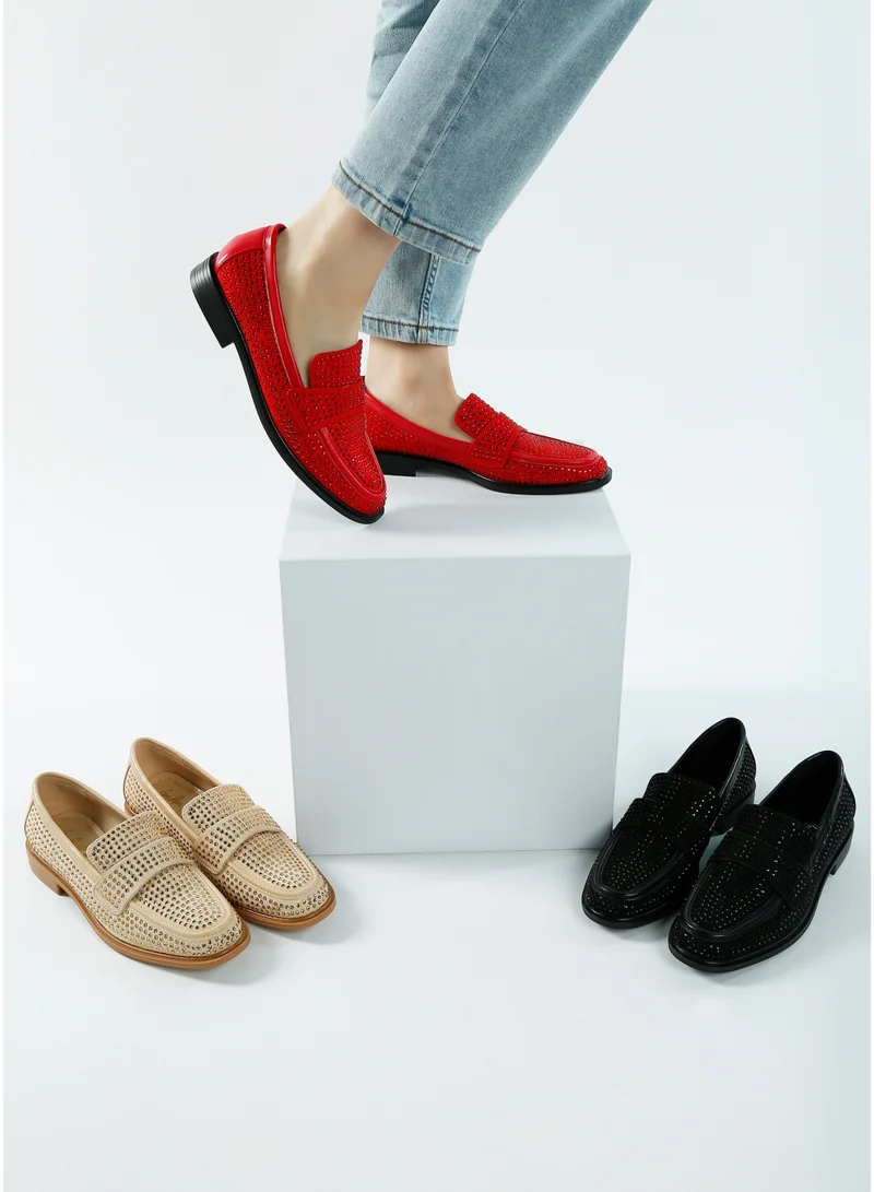 London Rag Rhinestones Embellished Loafers in Beige