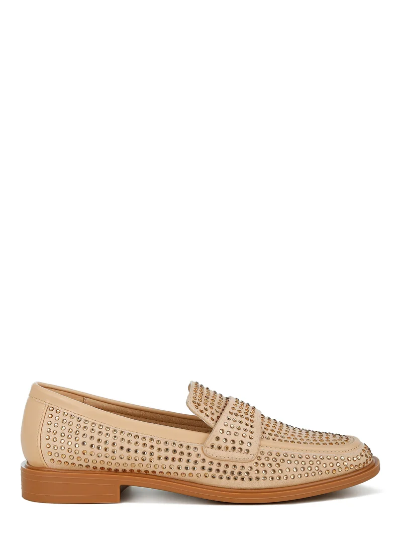 London Rag Rhinestones Embellished Loafers in Beige