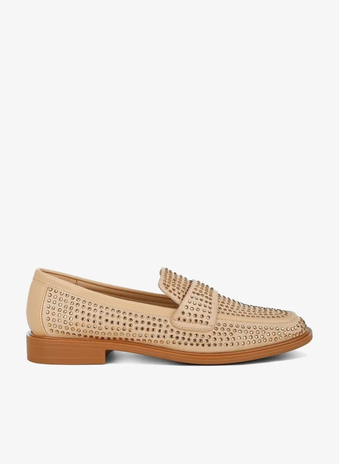 London Rag Women's Rhinestones Embellished Loafers in Beige