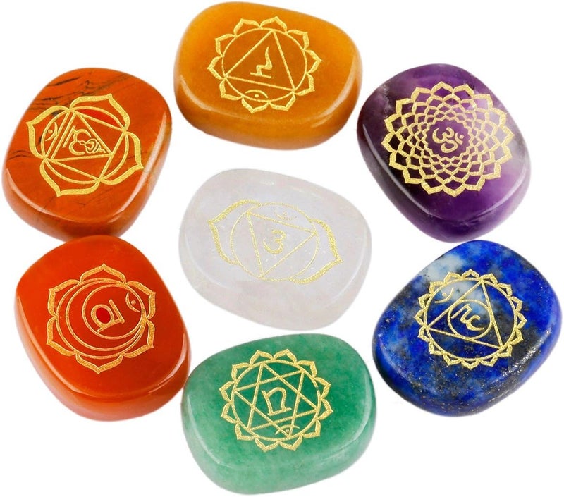 Rockcloud Healing Crystal 7 Chakra Stones Polished Engraved Palm Pocket Stone Reiki Balancing