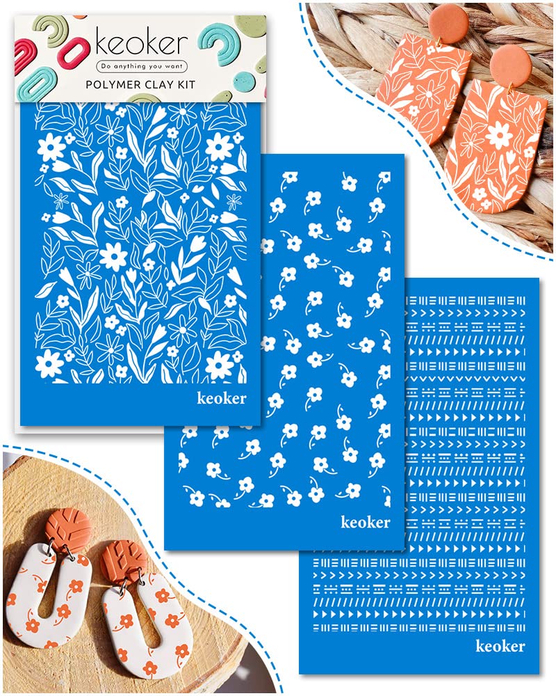 KEOKER Polymer Clay Silk Screen Silk Screen Stencils for Polymer Clay 3 PCS Reusable Silkscreen Print Kitfor Printing on Clay  Other Jewelry Clay Earrings Decoration Each 6 X 38 3PCFlower
