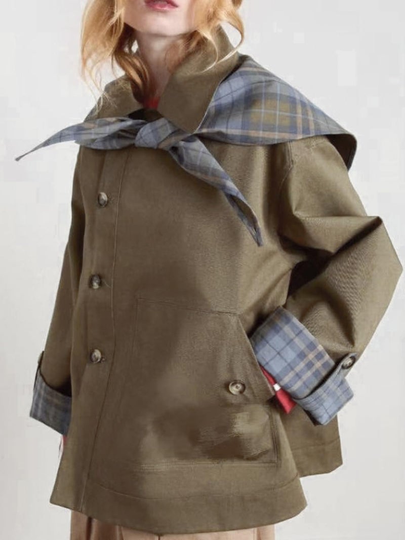 CUFEZN Womens Reversible Cropped Trench Coat 2025 Fall Fashion Notch Collar Plaid Oversized Short Jacket with Pockets Olive Medium - Image 3