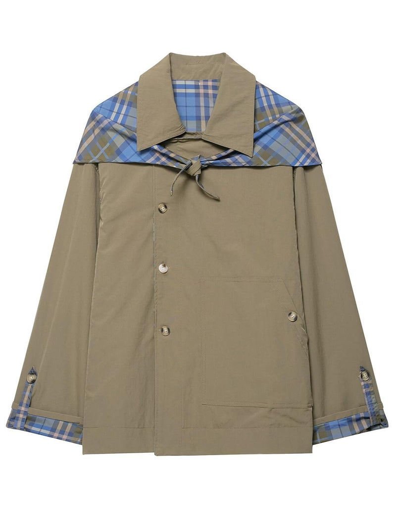 CUFEZN Womens Reversible Cropped Trench Coat 2025 Fall Fashion Notch Collar Plaid Oversized Short Jacket with Pockets Olive Medium - Image 1