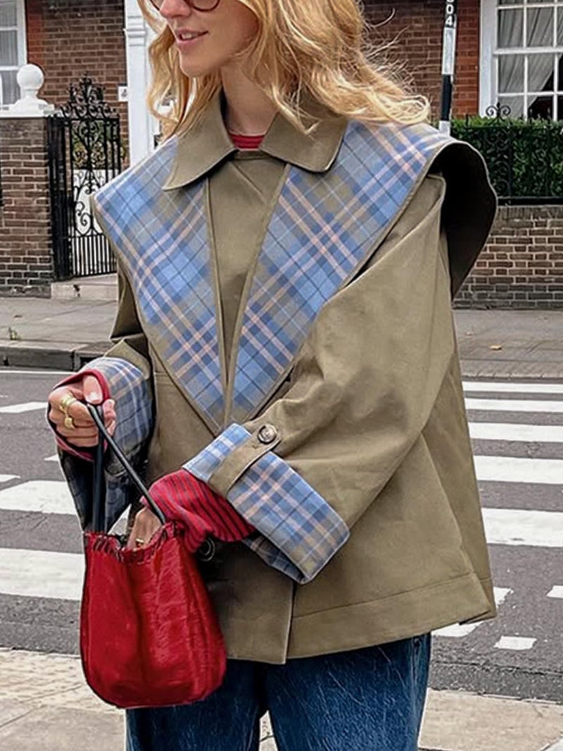 CUFEZN Womens Reversible Cropped Trench Coat 2025 Fall Fashion Notch Collar Plaid Oversized Short Jacket with Pockets Olive Medium - Image 2