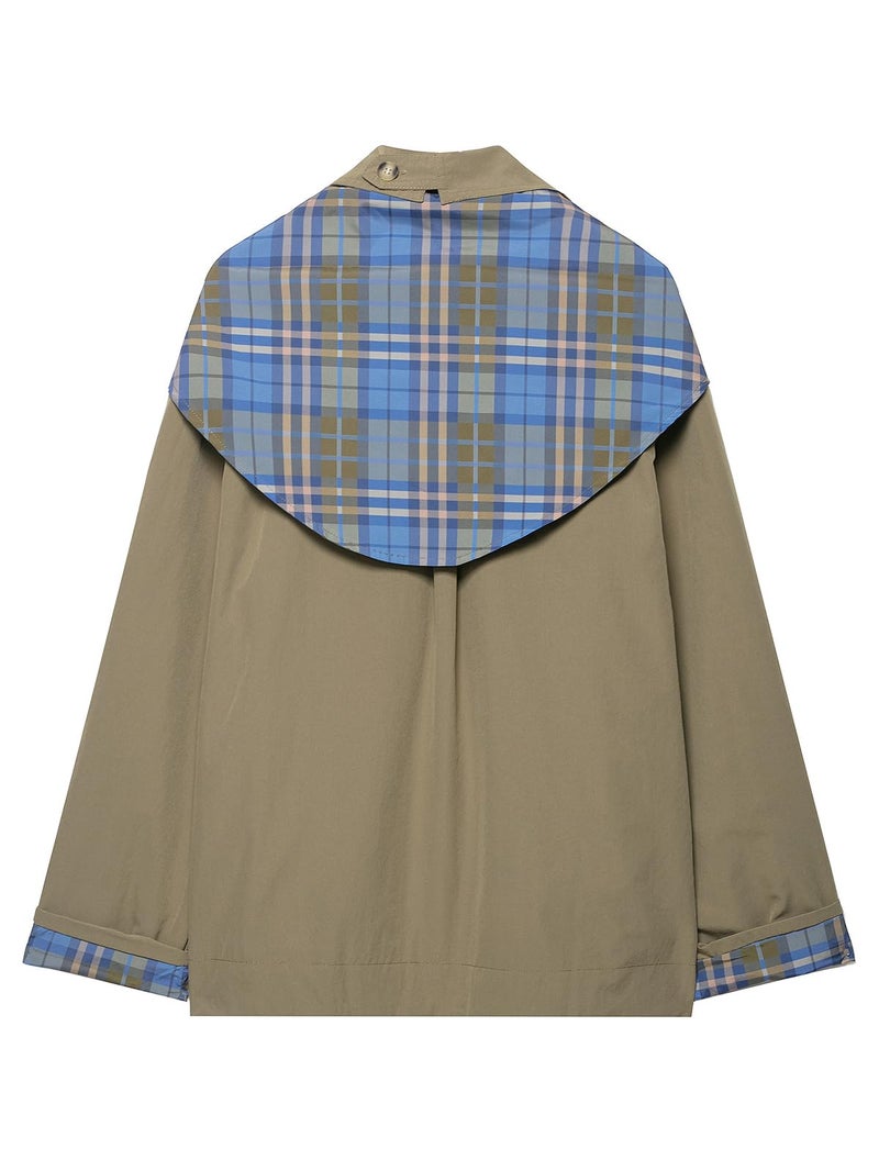 CUFEZN Womens Reversible Cropped Trench Coat 2025 Fall Fashion Notch Collar Plaid Oversized Short Jacket with Pockets Olive Medium - Image 4