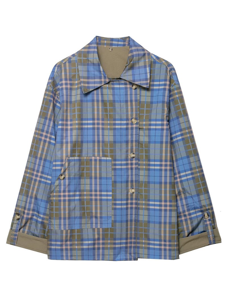CUFEZN Womens Reversible Cropped Trench Coat 2025 Fall Fashion Notch Collar Plaid Oversized Short Jacket with Pockets Olive Medium - Image 5