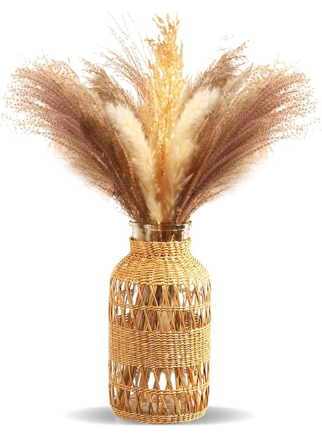 The Bros مزهرية راتان بوهو، غلاف زجاجي مزخرف من الخوص المنسوج يدويًا لمظهر بوهو الفني، مزهرية ريفية لموسم الخريف لتزيين الزهور، مركز طاولة منزلي، زخرفة مزرعة - Image 1