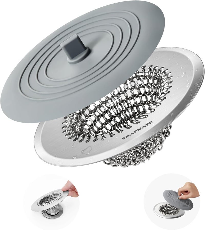 TRAPMATE Tub Stopper, Reversible Bathtub Drain Hair Catcher & Stopper, Ultra Revolutionary Bath Tub Drain Protector, Stainless Steel Hair Catcher & Silicone Stopper, 4.4" Drain Cover for Shower, Bath - Image 1