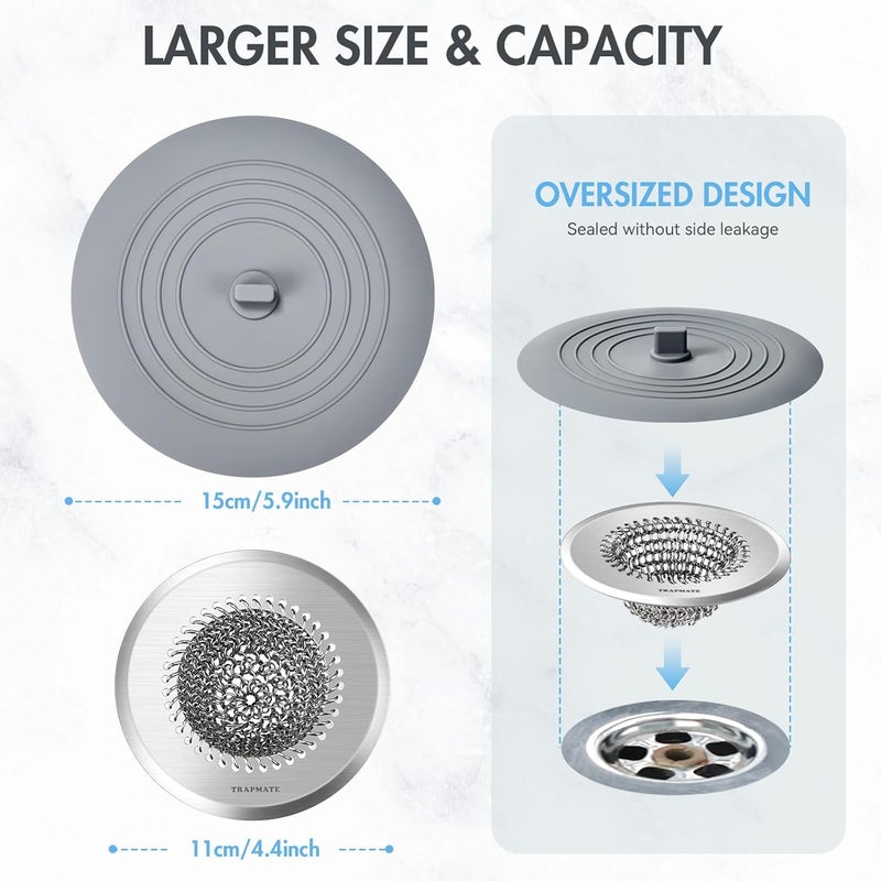 TRAPMATE Tub Stopper, Reversible Bathtub Drain Hair Catcher & Stopper, Ultra Revolutionary Bath Tub Drain Protector, Stainless Steel Hair Catcher & Silicone Stopper, 4.4" Drain Cover for Shower, Bath - Image 3