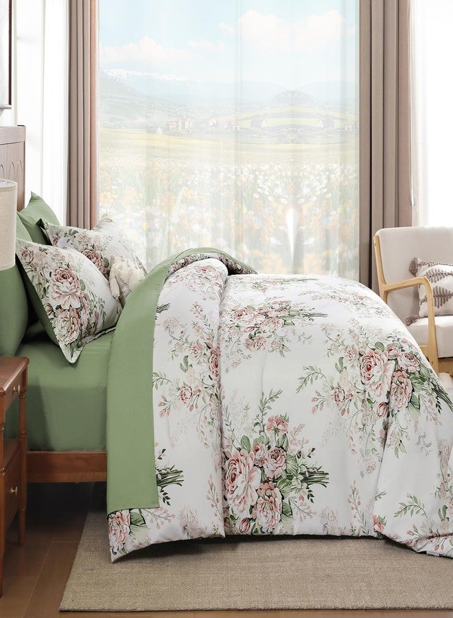 Anibedding طقم لحاف أنيبيدين من 7 قطع، بنقشة زهور وردية، مقاس كوين، مصنوع من ألياف دقيقة ناعمة، أبيض ووردي، طقم لحاف مع ملاءات مناسب لجميع الفصول - Image 4